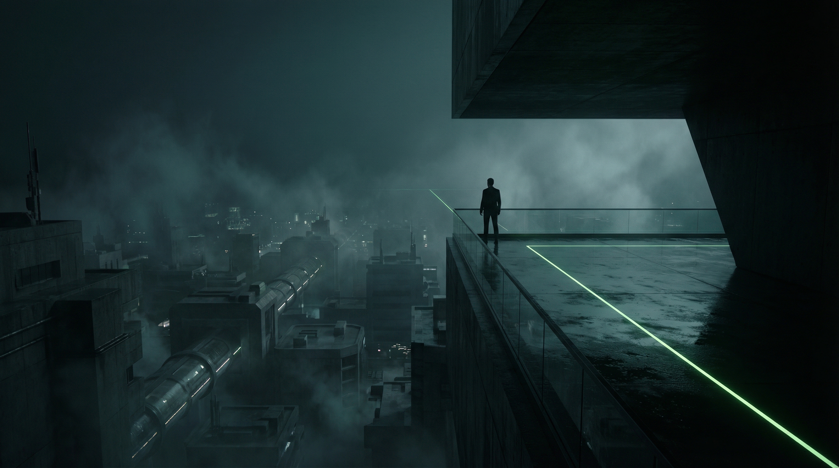 Business leader standing on futuristic rooftop overlooking cityscape with glowing green accent lines